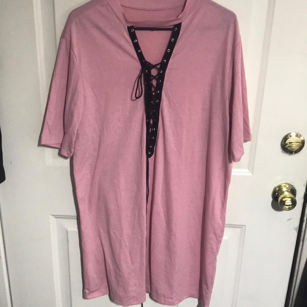 Pink Lace Up Shirt Dress
